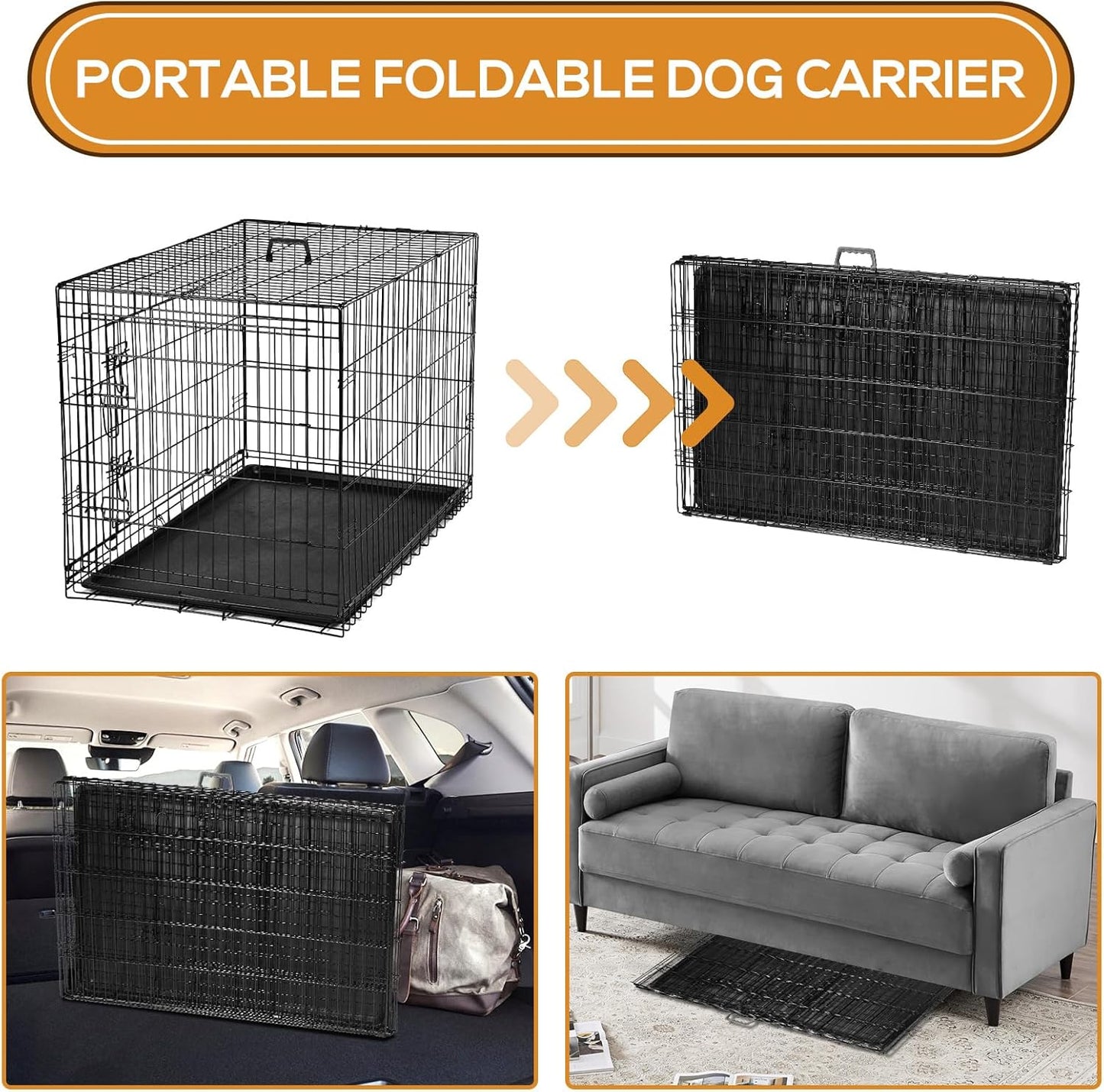 Dog Crate, 36 Inch Medium Wire Kennel with Divider Panel, Metal Cages with Double Door, Leak-Proof Pan Tray, Folding Portable for Indoor Outdoor Travel