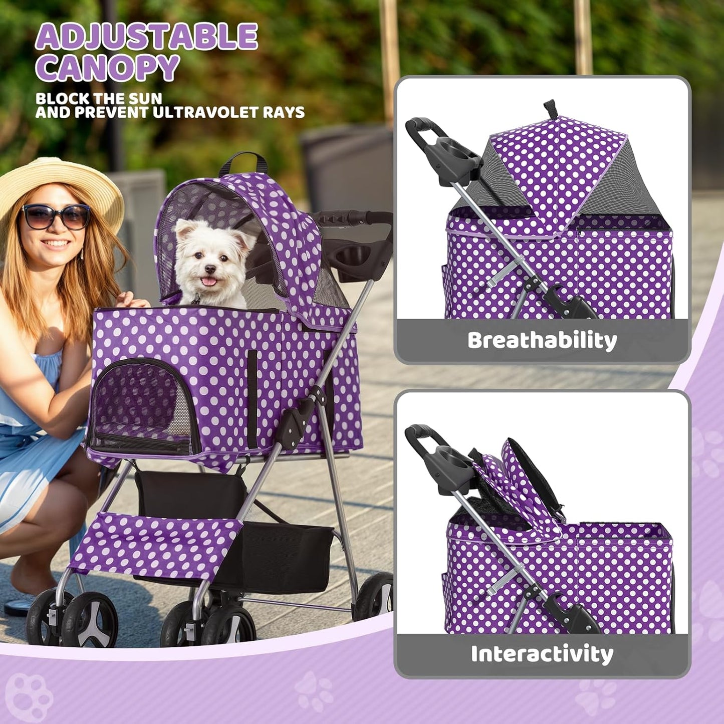 Magshion Foldable Pet Stroller, 3-in-1 Dog Travel Jogger with Detachable Carrier, Cup Holder, Storage Basket, Folding Carrier for Small/Medium Dogs & Cats Up to 33 lbs, Purple Polka Dots