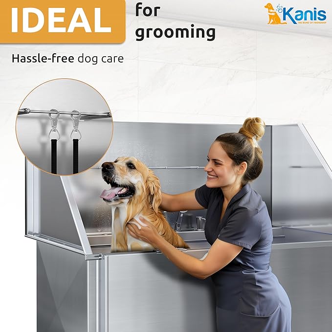KANIS Professional Dog Washing Station - 304 Stainless Steel Pet Wash Sink & Grooming Bath Tub for Home with Ramp, Shower, Floor Grate, Storage Shelf, Faucet, Drain Kit for Large, Medium & Small Pets