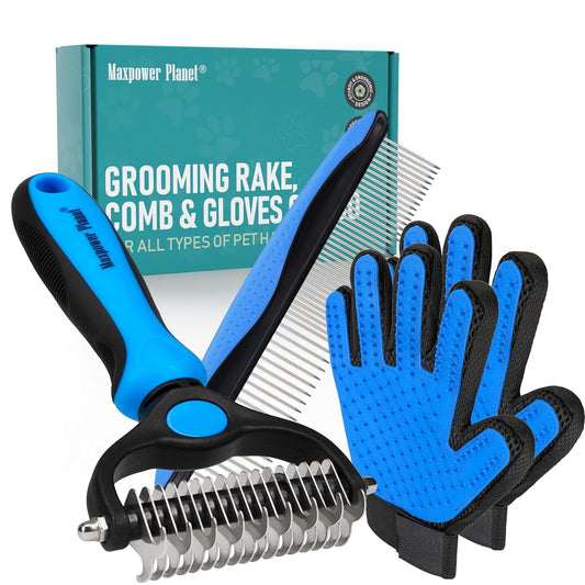 Maxpower Planet Pet Grooming Brush - Double Sided Shedding and Dematting Undercoat Rake Comb for Dogs and Cats,Extra Wide (B1 - Rake, Gloves & Comb, Large)