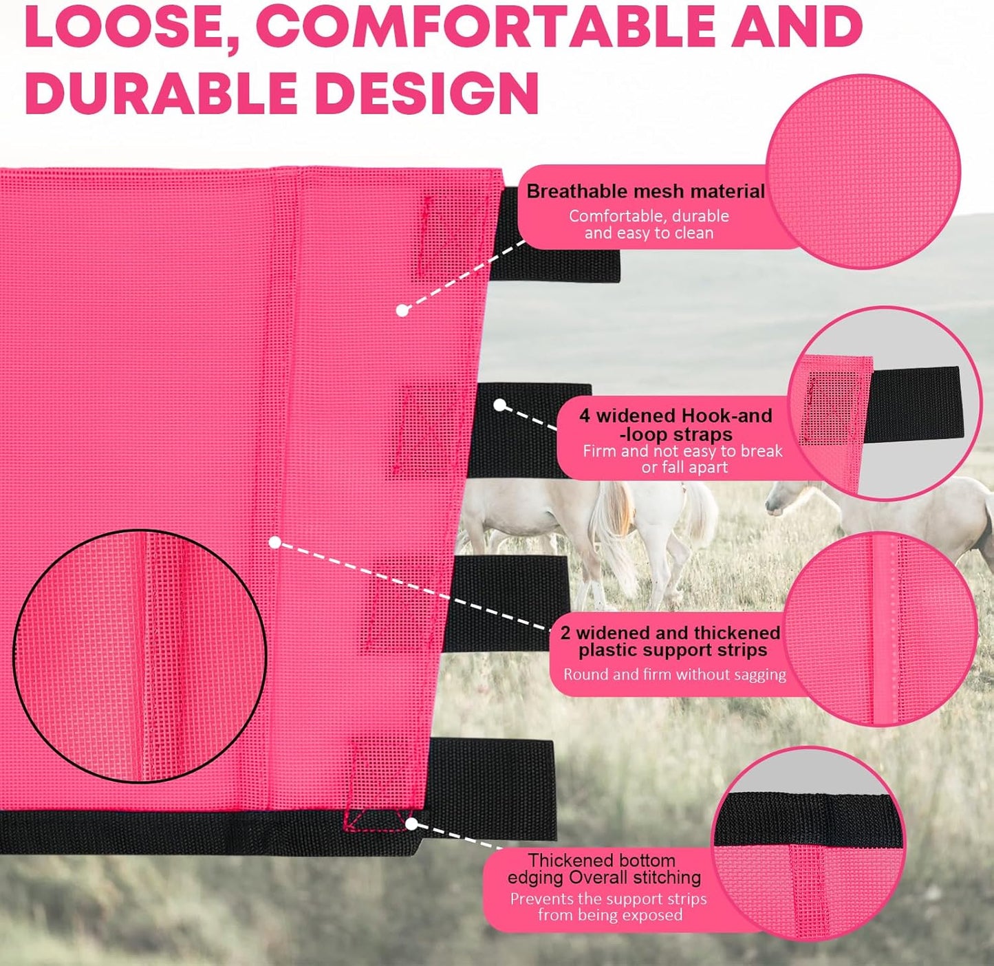 Premium 4-Pack Horse Fly Boots & Leggings Loose-Fit Fine Mesh with Stay-On Fasteners, Support Strips & Anti-Stomp Design Breathable Non-Slip Protection Leg Wrap (Large) Rose Pink