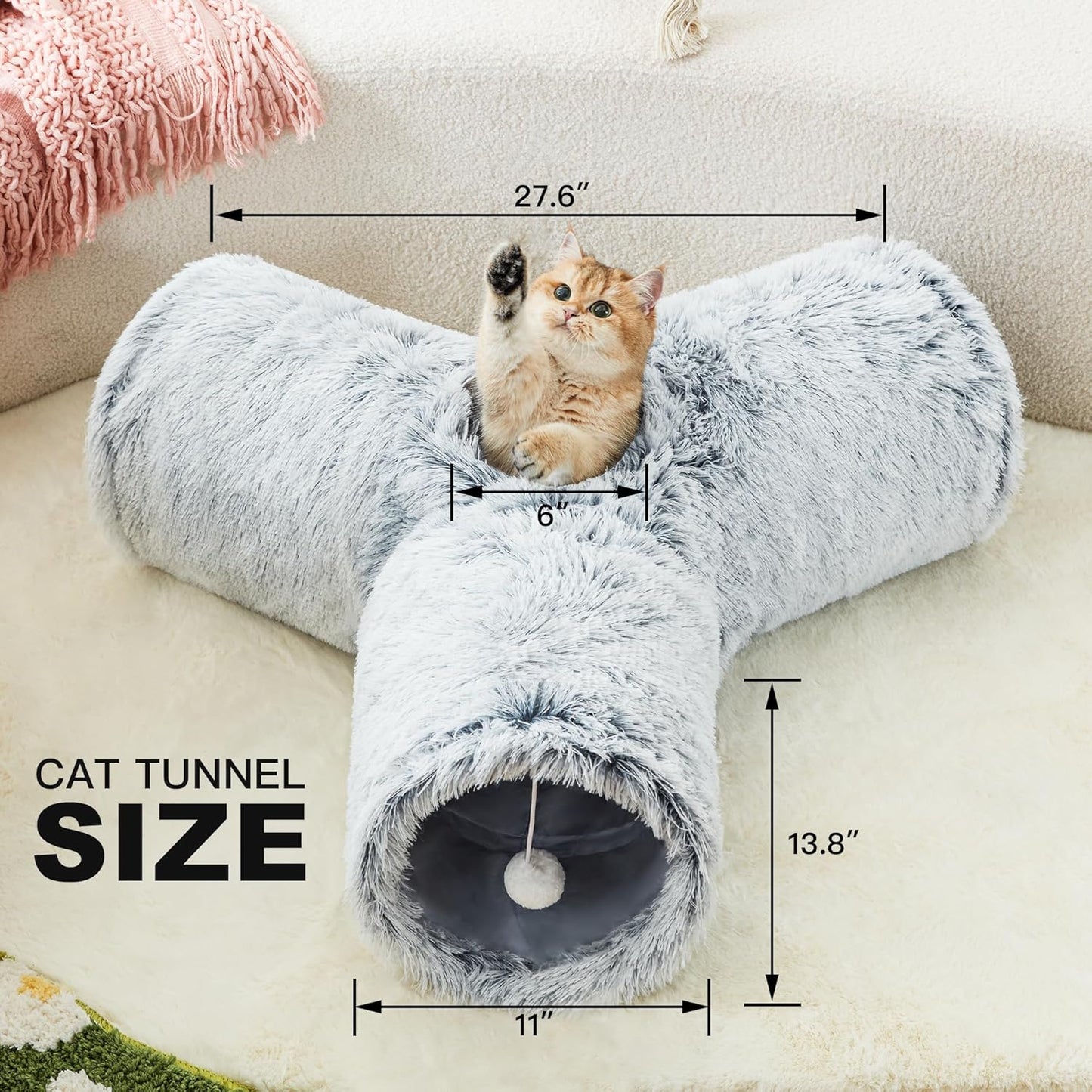 Tempcore Plush Pet Cat Tunnel Tube Cat Toys 3 Way Collapsible, Tunnels for Indoor Cats，Kitty Tunnel Bored Pet Toys Peek Hole Toy Ball Puppy, Kitty, Kitten, Rabbit Light Grey