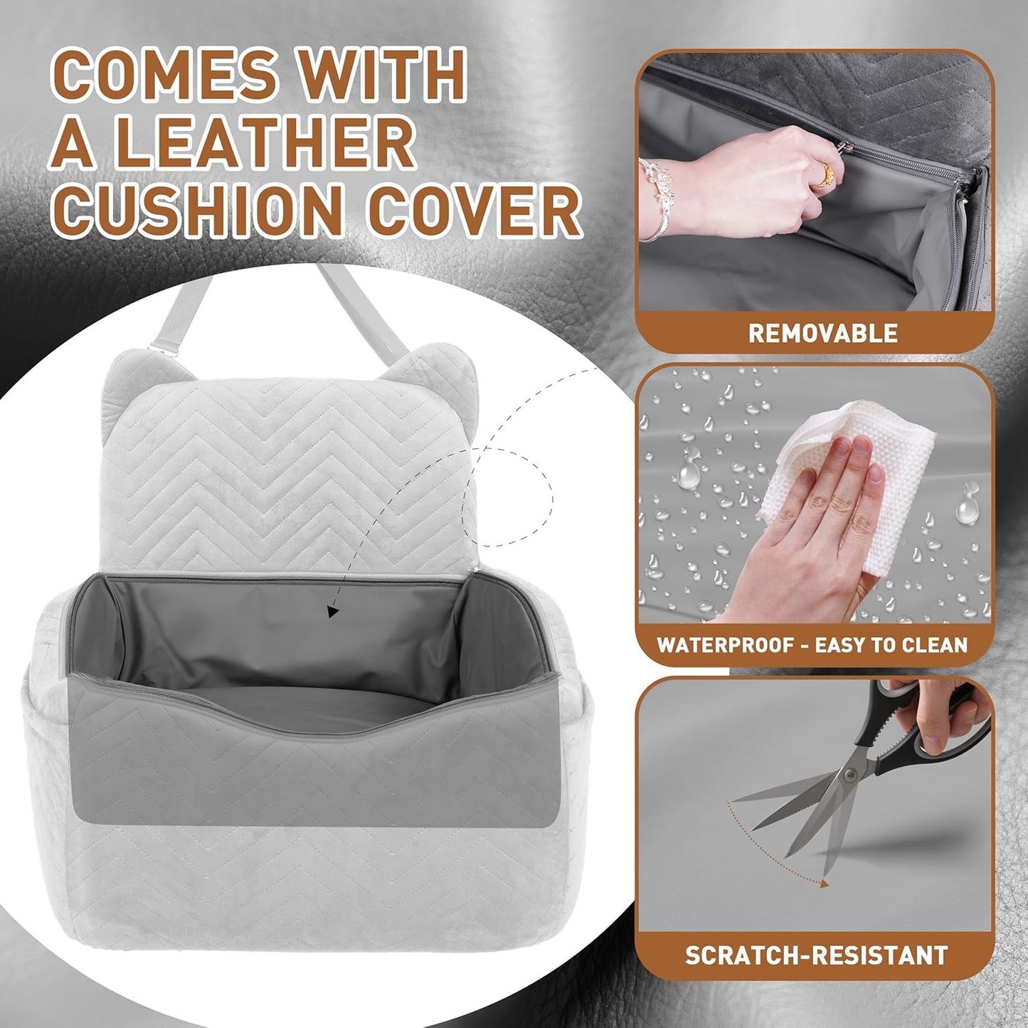 Dog Car Seat Booster with Waterproof Cover, Memory Foam, Small/Medium Dog Bed for Car Back Seat for Travel, Grey, 2 Safety Belt