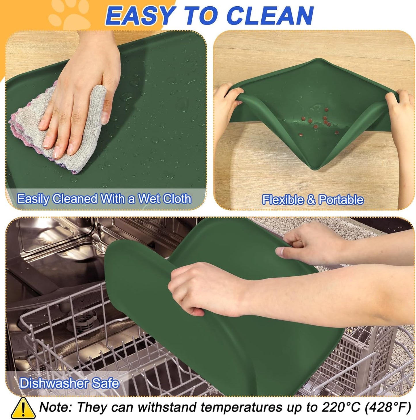 Silicone Pet Feeding Mat with Raised Edge for Food and Water, Dog Bowl Mats, Cat Bowls Placemat with High Lip for Floor Waterproof, Rubber Tray for Cats and Dogs 19 x 12 x0.7 Dark Olive