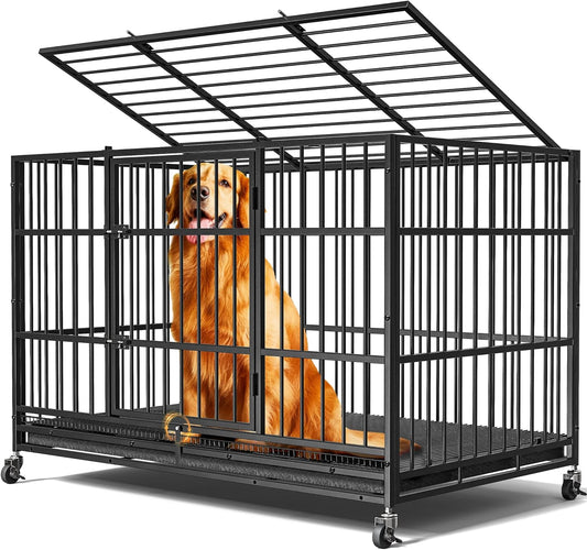 48"/38" Dog Crates for Large Dogs, Upgraded 4 Lockable Wheels, Removable Door, Dog Kennel Indoor, Max Load 300Lbs, Easy to Clean, Removable Tray, XL Dog Cage for Large and Medium Dogs