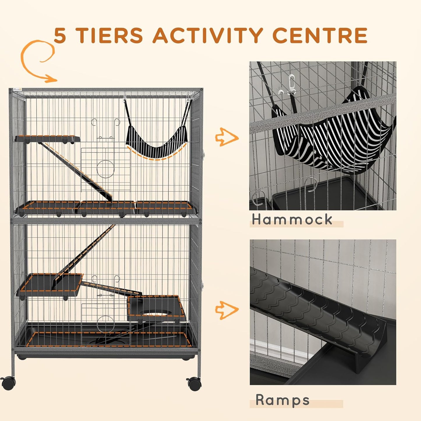 PawHut 50" 5-Tier Small Animal Cage, Ferret Cage, Large Chinchilla Cage with Hammock Accessory & Heavy-Duty Steel Wire, Small Animal Habitat with 4 Doors, Removable Tray, Gray