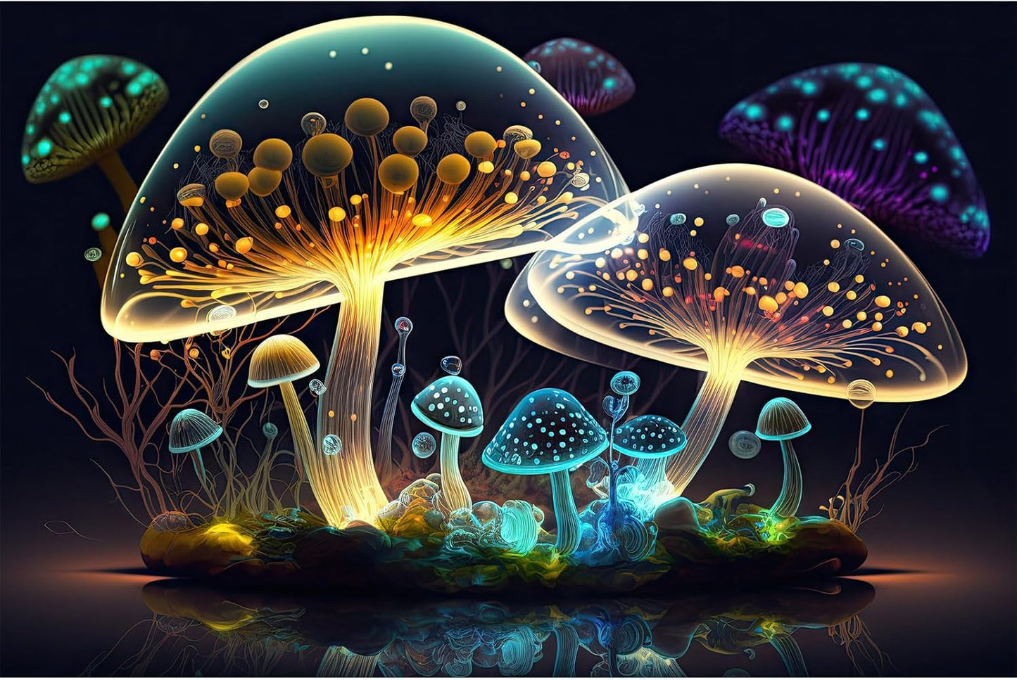 Mushroom Aquarium Background Abstract Glowing Fantasy Mushrooms Terrarium Background Mysterious Forest Magical Night In Circle Shape Crystal Glass Fish Tank Backdrop Decorations Vinyl 36x18in