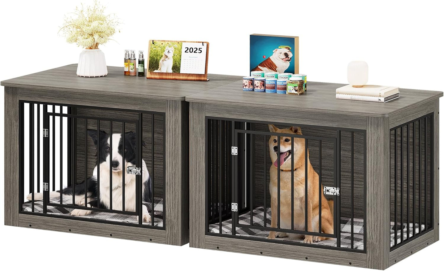 YITAHOME 76 Inch Double Dog Crate Furniture, XXL Dog Crate Furniture for 2 Dogs, Side End Table, Waterproof Top, Safety Corners, 2-in-1 Iron-Wood Fusion Dog Kennel Furniture for 2 Large Dogs,Greige