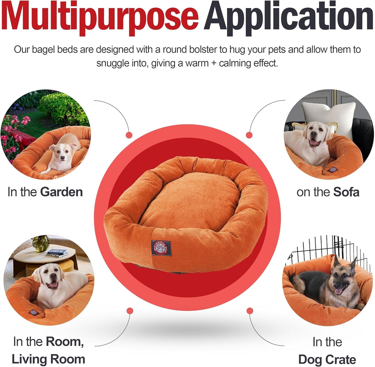 Majestic Pet 40 Inch Micro Velvet Calming Dog Bed Washable 40x29x9 (inch) – Cozy Soft Round Donut Dog Bed with Spine for Head Support - Pet Bed Large – Orange (2025)