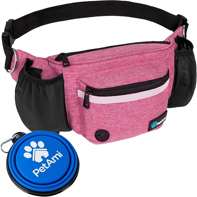 PetAmi Dog Fanny Pack, Treat Pouch for Dog Walking, Training, Built in Poop Bag Dispenser, Water Bottle Holder, Collapsible Bowl, Pet Treat Waist Belt for Hiking, Running, Kibbles (Pink)