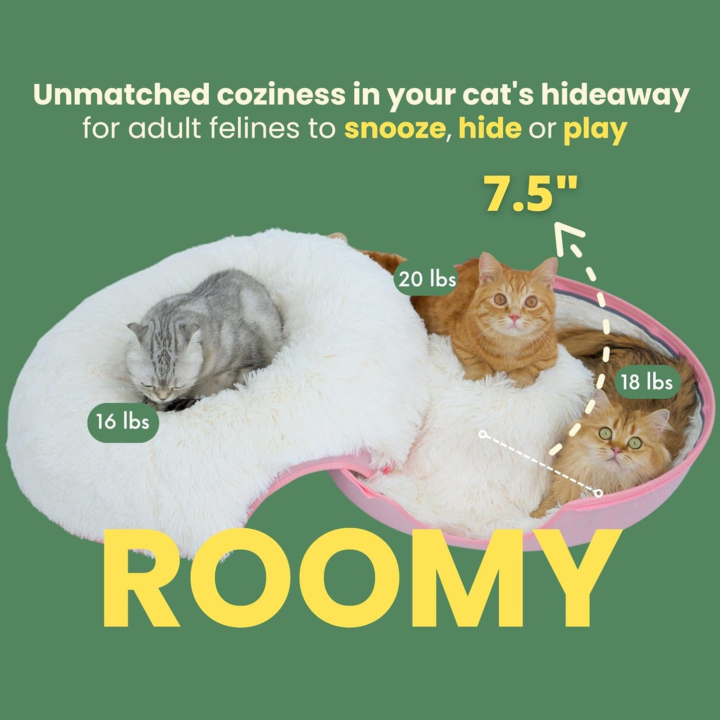 CATTASAURUS Peekaboo Cat Cave for Multiple & Large Cats Up to 30-45 Lbs, Fluffy Cat Beds for Indoor Cats, Scratch Detachable & Washable Tunnel Bed, Comfy Donut Cat Cave (Pink, Large (Calming))