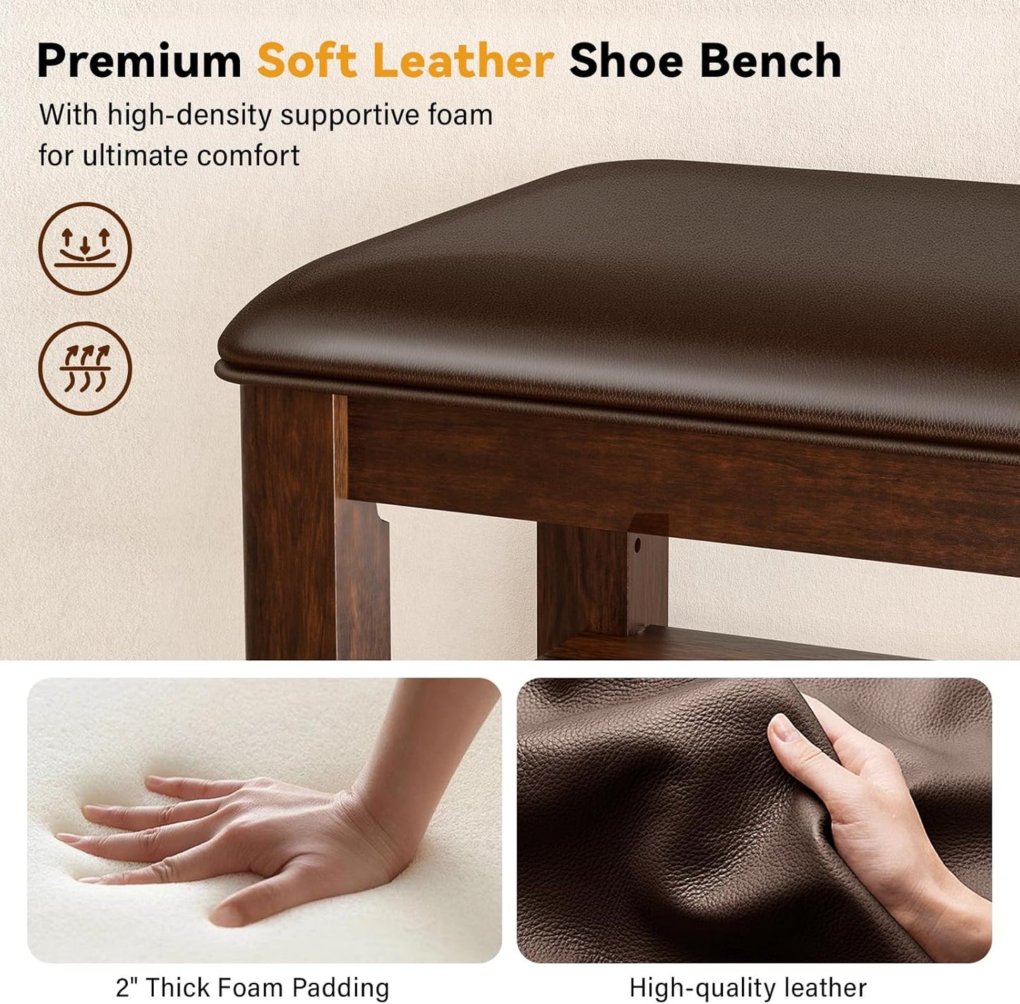 Shoe Bench Storage Rubberwood with Leather Cushion for Entryway Bench Ideal for Hallways Shoe Rack Front Doors Entrances Mudrooms Featuring 3 Height-Adjustable and Removable Shelves
