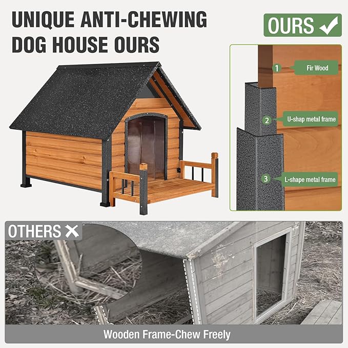 Dog House Outdoor with Anti-Chewing Iron Frame, Weatherproof Dog Kennel with Porch and Raised Feet for Small Medium Large Dogs Indoor (Brown, 45" x 32.9" x 32.6")
