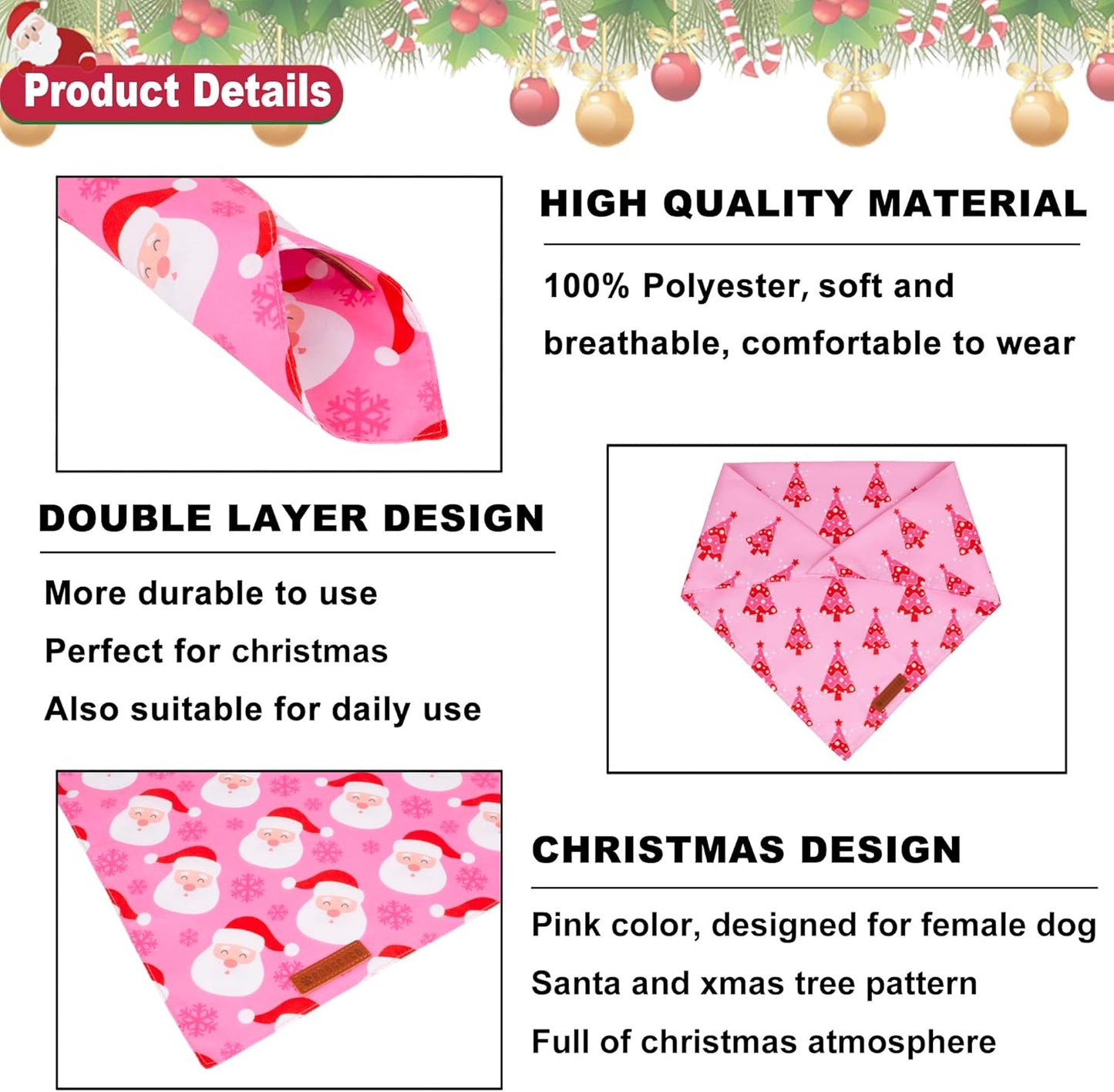 ADOGGYGO Christmas Dog Bandana, Xmas Tree Santa Pet Scarf, Premium Durable Fabric, Adjustable Fit Female Pet Christmas Bandanas for Small Dogs Puppies (Small)