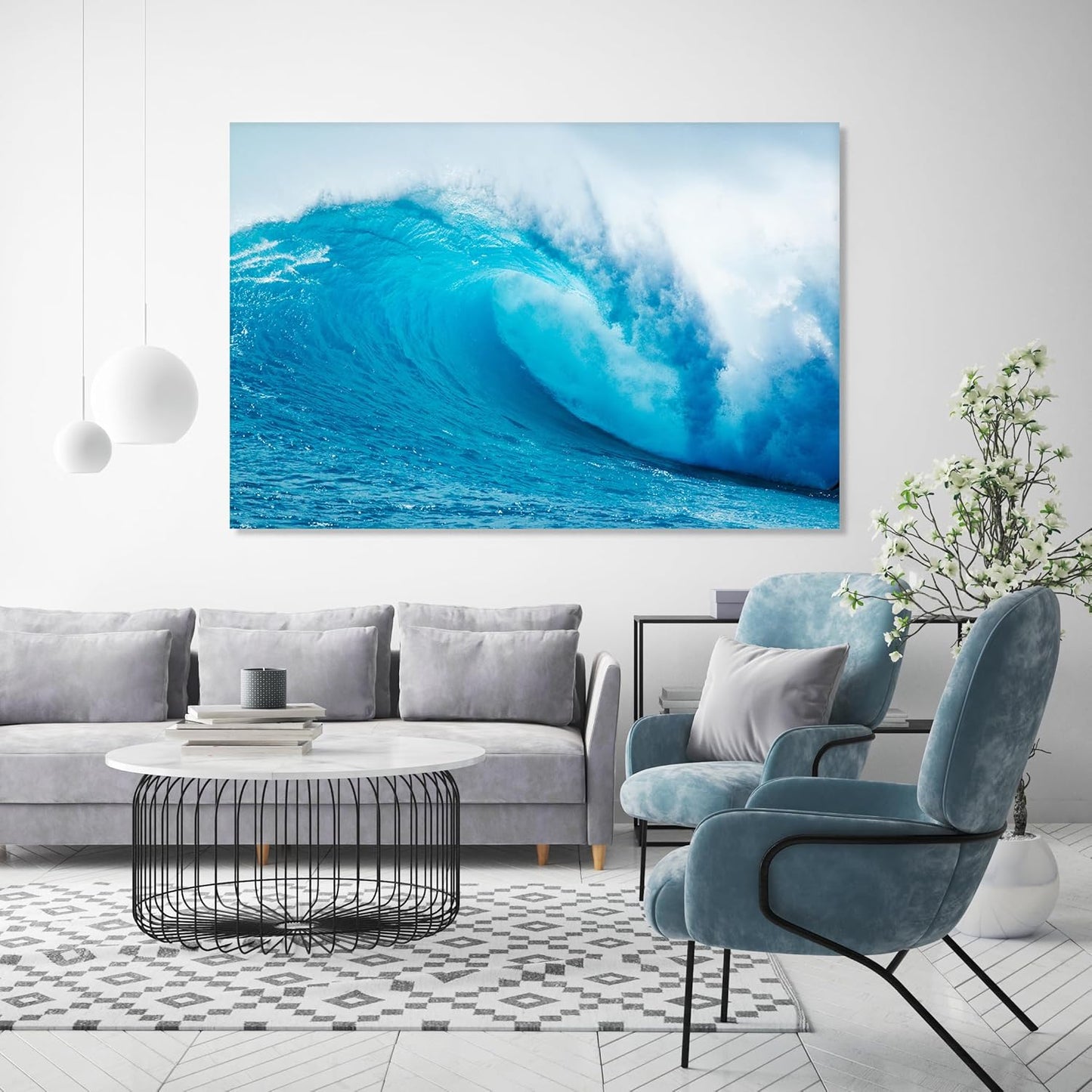 Nature Wall Art Prints - Ocean Forest Mountain Lake Canvas Landscapes - Small to Extra Large Living Room Bedroom Kitchen Bathroom Décor (Blue Ocean Wave, 31L" x 47W")
