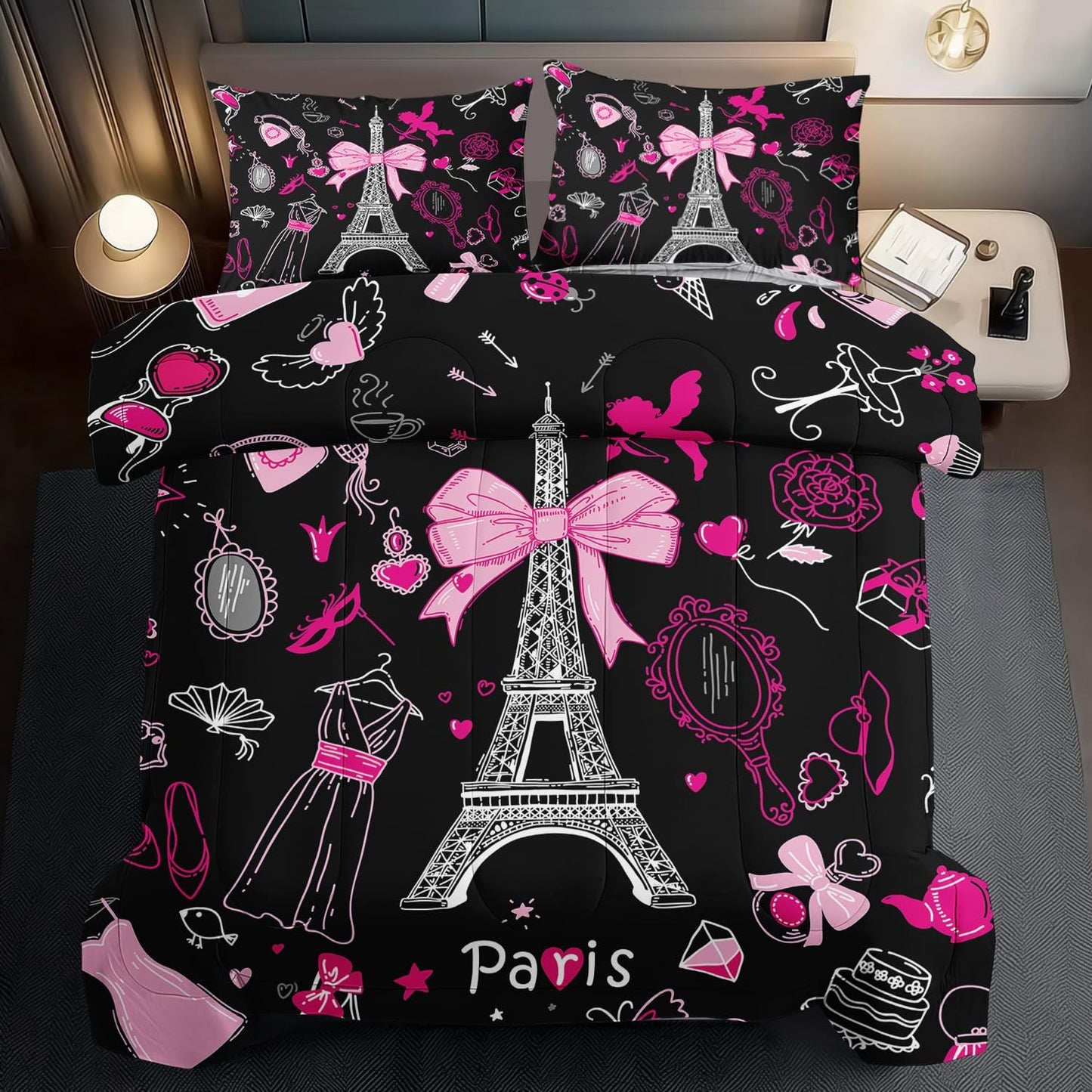 Eiffel Tower Comforter Set Twin Size,Eiffel Tower Bedding Set for Girls, Pink and Black Paris Themed Comforter Bedroom Decor,Paris Quilt French Style Romantic Bedding