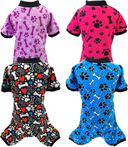 PET SHOW 4 Pack Small Dog Pajamas Paw Bone Patterns Cute Clothes for Medium Dogs Soft Fleece Stretchy PJs 4 Legged Jumpsuit Puppy Cats Onesies Outfits with Sleeve Dachshund Doggies Girl Boy (X-Large)