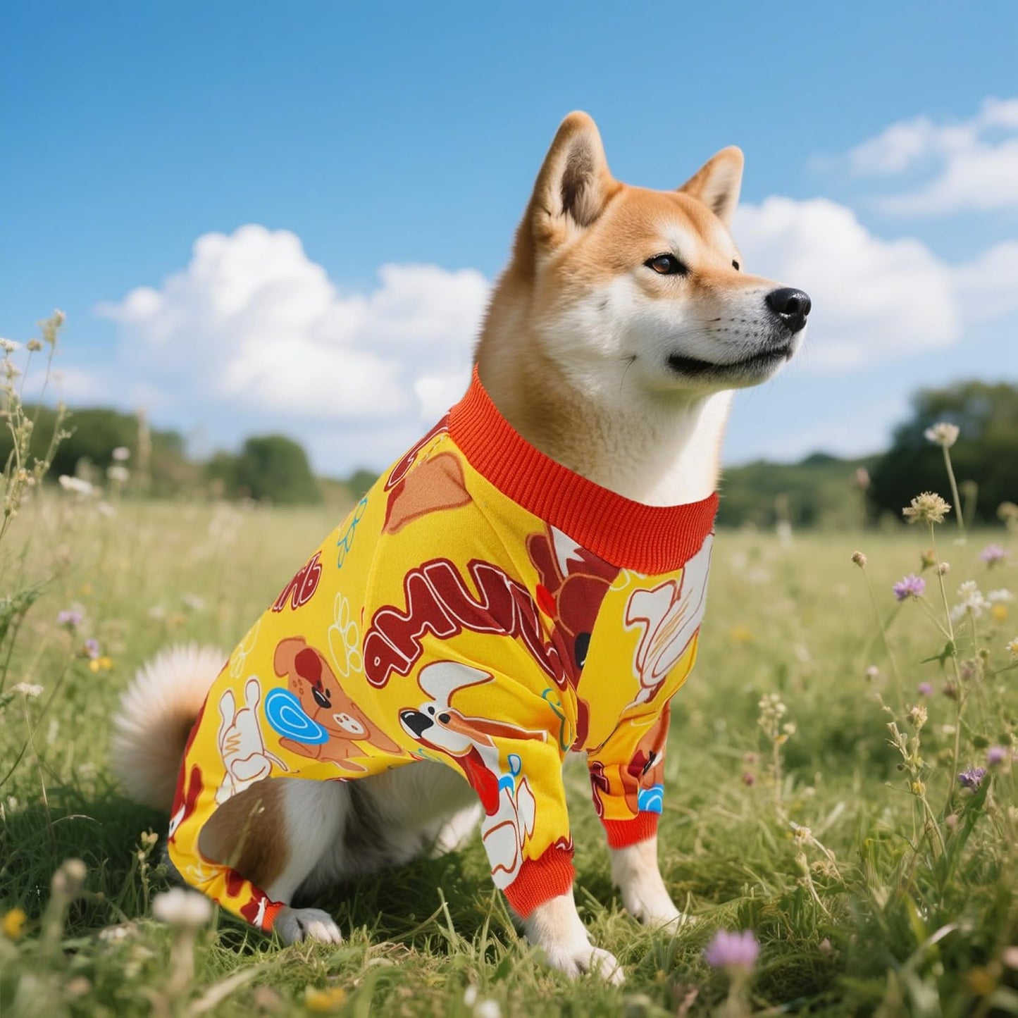 2PCS Dog Pajamas for Large Sized Dog Pjs Clothes Puppy Onesies Outfits Pet Jammies Boy Girl Male Female Apparel Lightweight Stretch Paw Bone Blue Yellow Print L