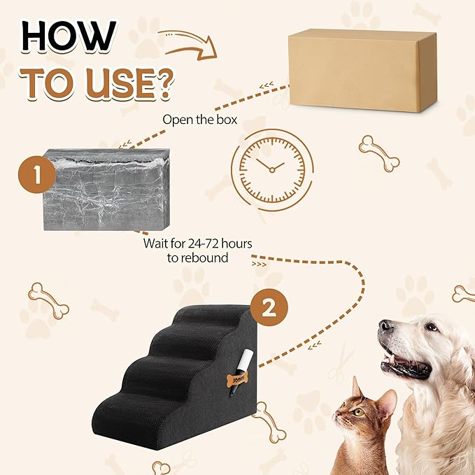 Dog Stairs, Romrol Dog Steps Ramp for High Bed and Couch, Dogs Ramp with Durable Non-Slip Waterproof Fabric Cover, Pet Stairs for Small Dogs and Cats or Pets Joints, 4-TiersBlack