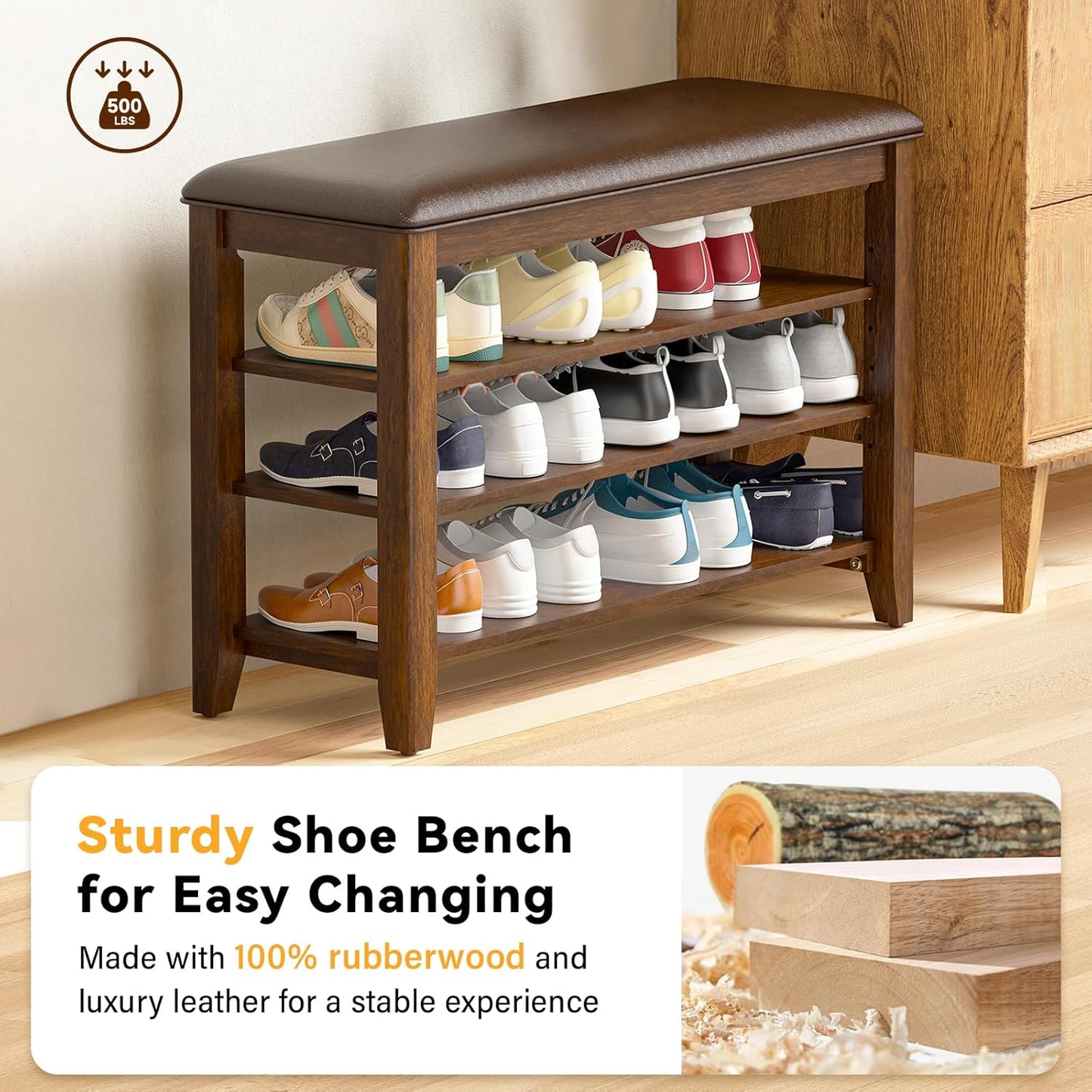 Entryway Shoe Storage Bench with Leather Cushion, Shoe Organizer Bench for Entryway, Ideal for Hallways Front Doors Entrances Mudrooms Featuring Rubberwood And 3 Height-Adjustable and Removable Shelve
