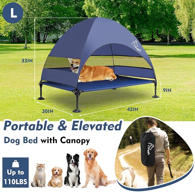 Upgraded Elevated Dog Bed with Canopy, Portable Raised Outdoor Dog Bed with Stable Anti-Slip Feet, Wider Shade Pet Bed Cot, Raised Dog Beds for Large Dogs Camping, Indoor & Outdoor Use