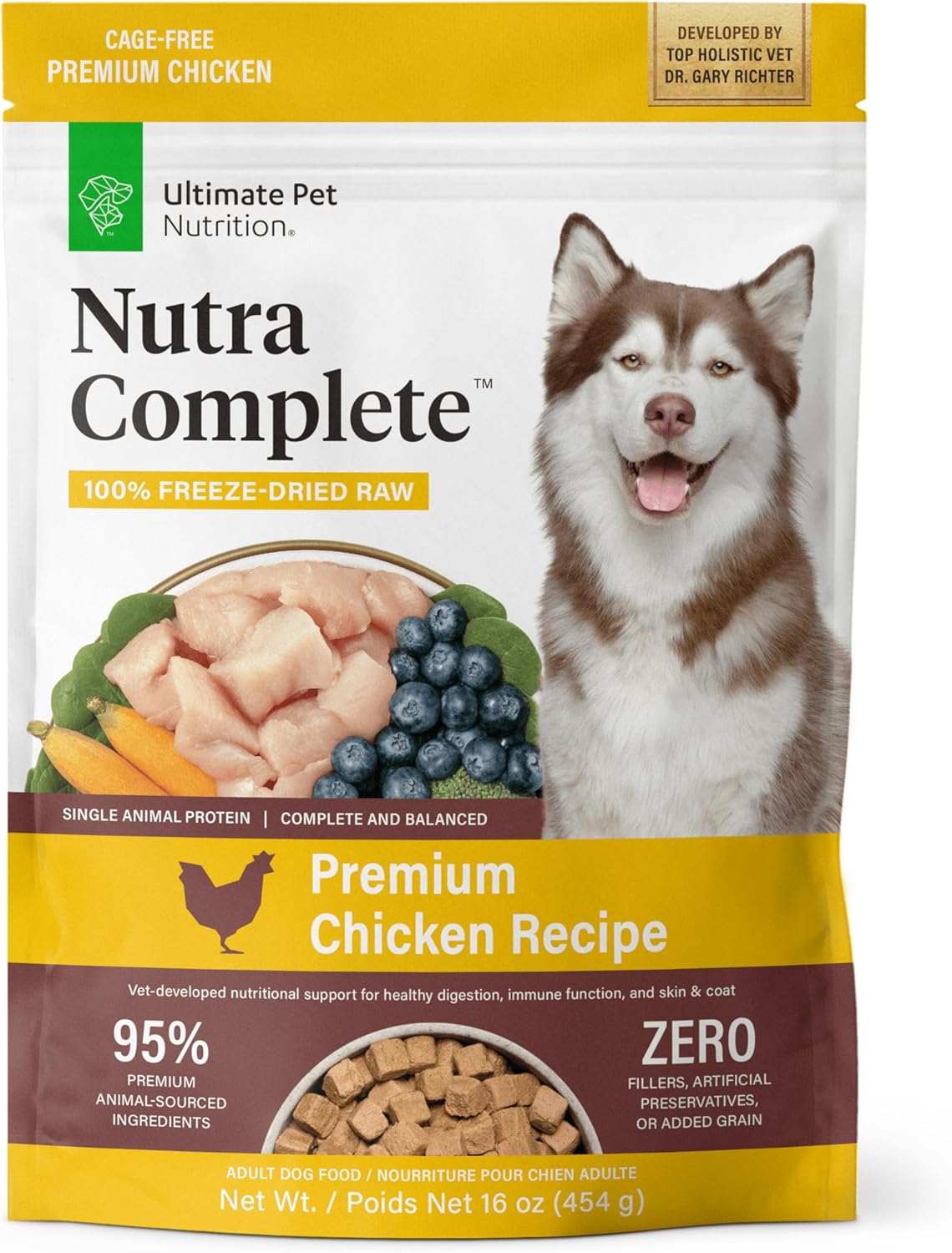 ULTIMATE PET NUTRITION Nutra Complete Freeze Dried Raw Dog Food, Veterinarian Formulated with Antioxidants, Prebiotics & Amino Acids (1 Pound, Chicken)
