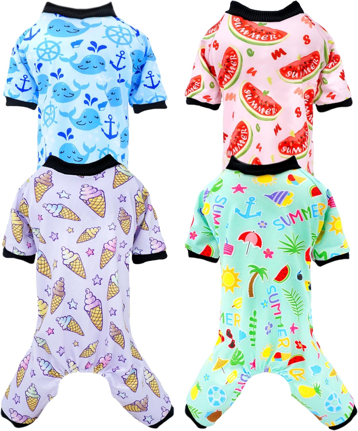 PET SHOW 4 Pack Small Dog Pajamas Watermelon Doggies Soft Stretchy PJs Whale Ice Cream Jumpsuit Puppy Cats Girl Boy Floral Onesies Outfits with Sleeve Pets Breathable Summer Dog Clothes Costume M