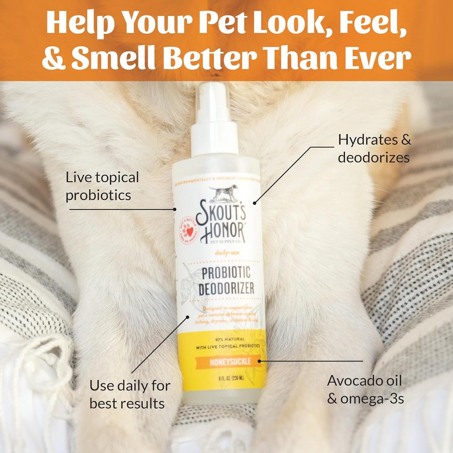 Skout's Honor Probiotic Pet Deodorizer Spray- Hydrating Daily-Use with Avocado Oil & Omega-3s, Microbiome Friendly Certiified, Paraben & Sulfate-Free, 97% Natural, 8oz, Honeysuckle