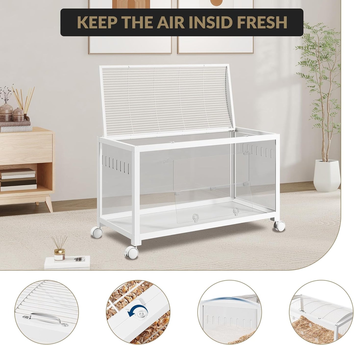 Large Metal Hamster Enclosure Rat Cage with 360 Viewing Acrylic Sides, Ventilated Front Door & Openable Top, Portable Hamster Tank for Guinea Pig, Chinchilla, Gerbil, 37.8''Lx18.5''Wx20''H White