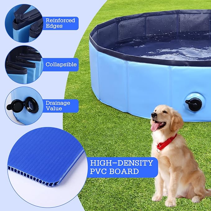Foldable Dog Bath Swimming Pool Plastic Kiddie Pool Professional Tub Collapsible Grooming Bathtub for Pets Kids Baby and Toddler, 55 x 12 Inches Blue