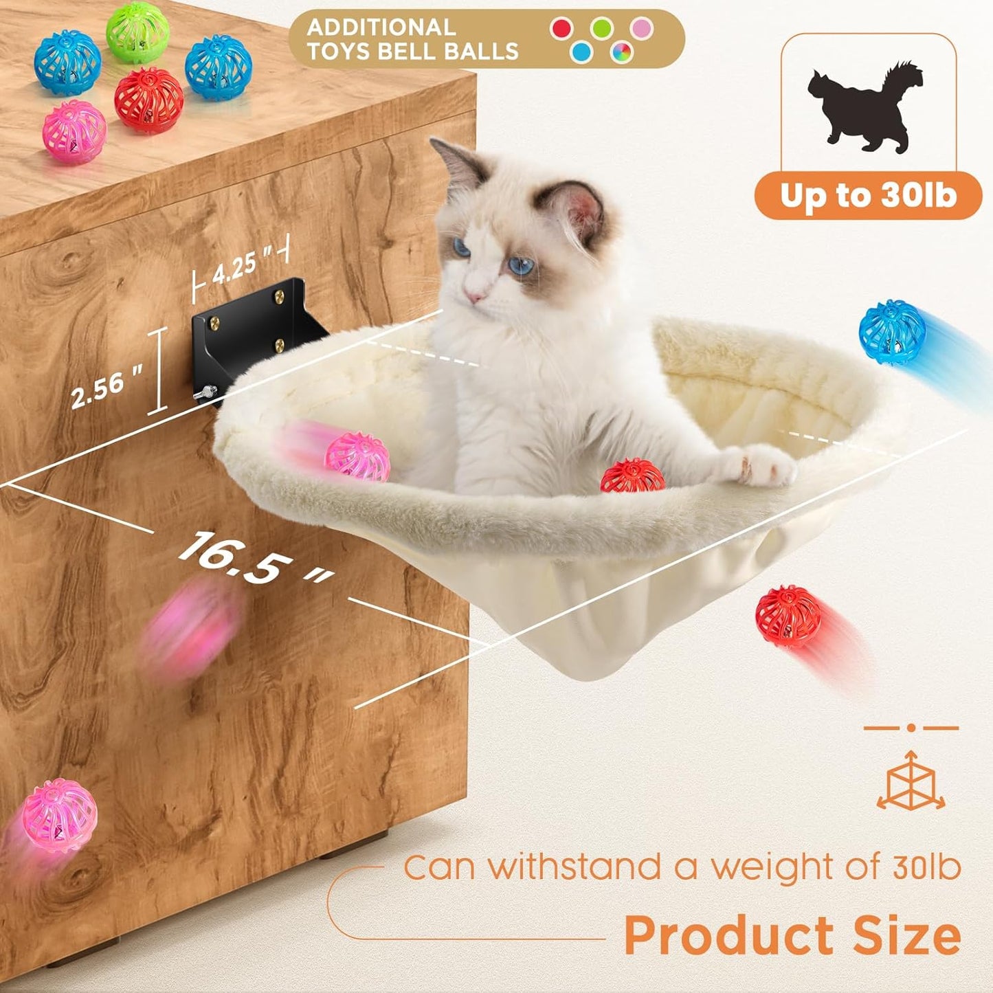 Cat Hammock Wall Mounted, Foldable & Stable Cat Beds- Breathable Cats Wall Shelves for Sleeping, Playing, Climbing, and Lounging - Maximum Hold Up to 30lb（Cream,Faux Rabbit Fur）