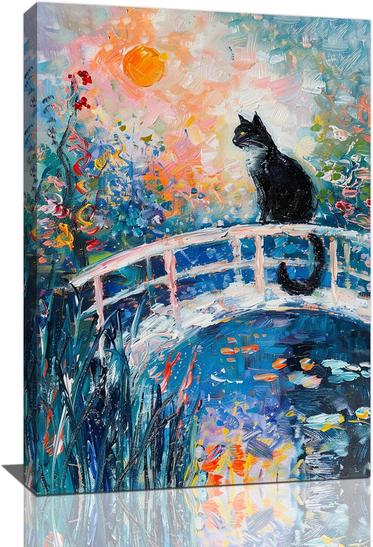 Quorin Black Cat Wall Art Water Lily Sunset Pictures Cat Wall Decor Impressionism Canvas Print Painting Artwork for Bathroom Living Room Bedroom 16"x24"
