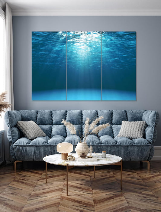 Nature Wall Art Prints - Ocean Forest Mountain Lake Canvas Landscapes - Small to Extra Large Living Room Bedroom Kitchen Bathroom Décor (Sun Rays Under Water, 47L" x 71W" - 3 panels)