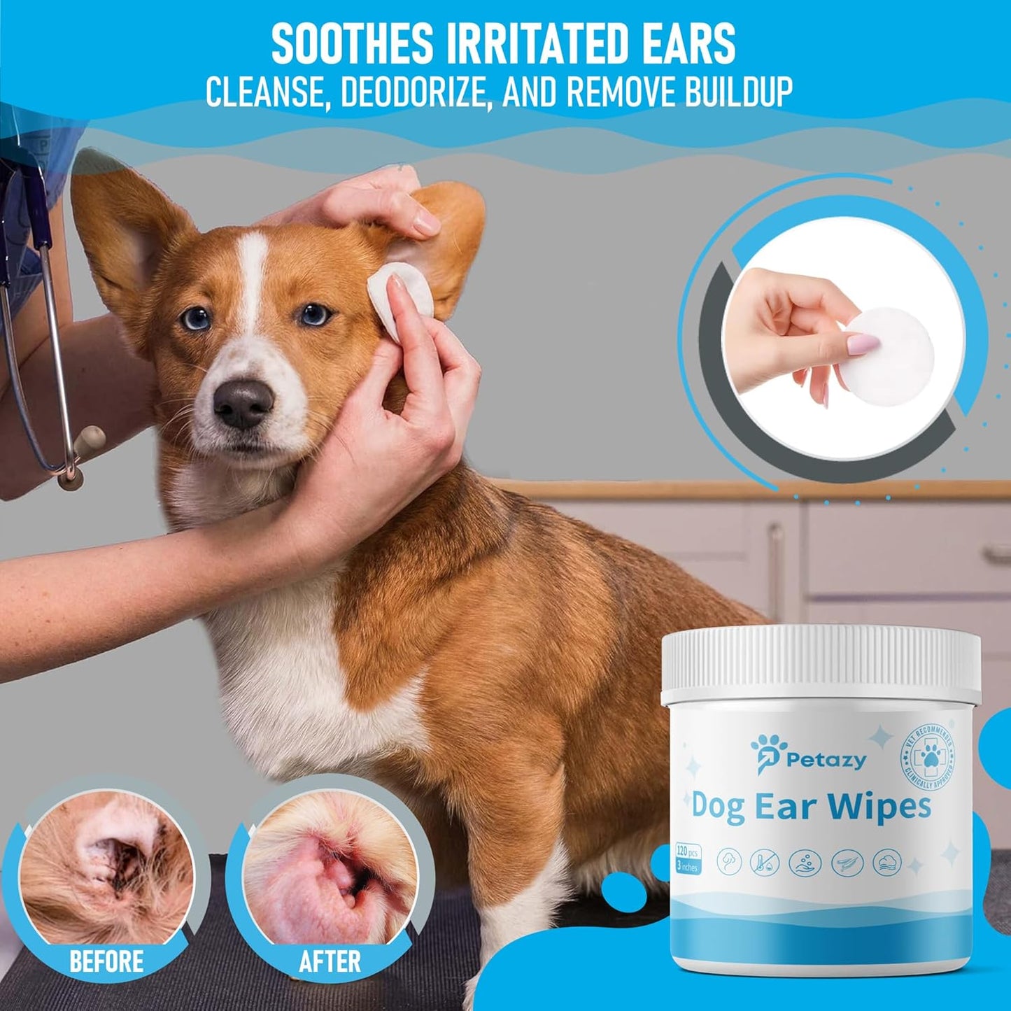 Dog Ear Wipes for Dog Yeast Wax Itch and Odor | Unscented Dog Ear Cleaner for Dogs | Natural Cleaning Puppy Ear Wipes | Soothing Ear Wipes for Pets Cat | Natural Ingredients | 125 XL Pcs