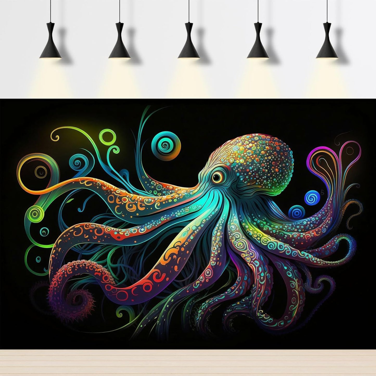 Octopus Aquarium Background Exquisite Colorful Octopus Terrarium Background Glowing Octopus on Black Background Fish Tank Backdrop Octopus Backdrops Poster Wallpaper Decorations Vinyl 60x24in