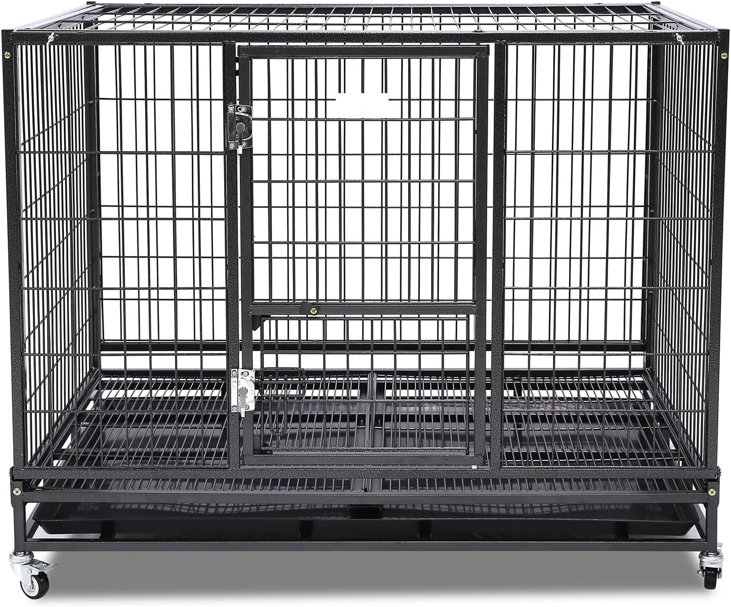 43" Collapsible and Stackable Large Dog Crates, Heavy Duty Dog Kennel Cage Open Top Double Doors W/Feeding Door, Dual Safe Locks, 360° Lockable Casters, Removable Tray & Metal Floor Grids