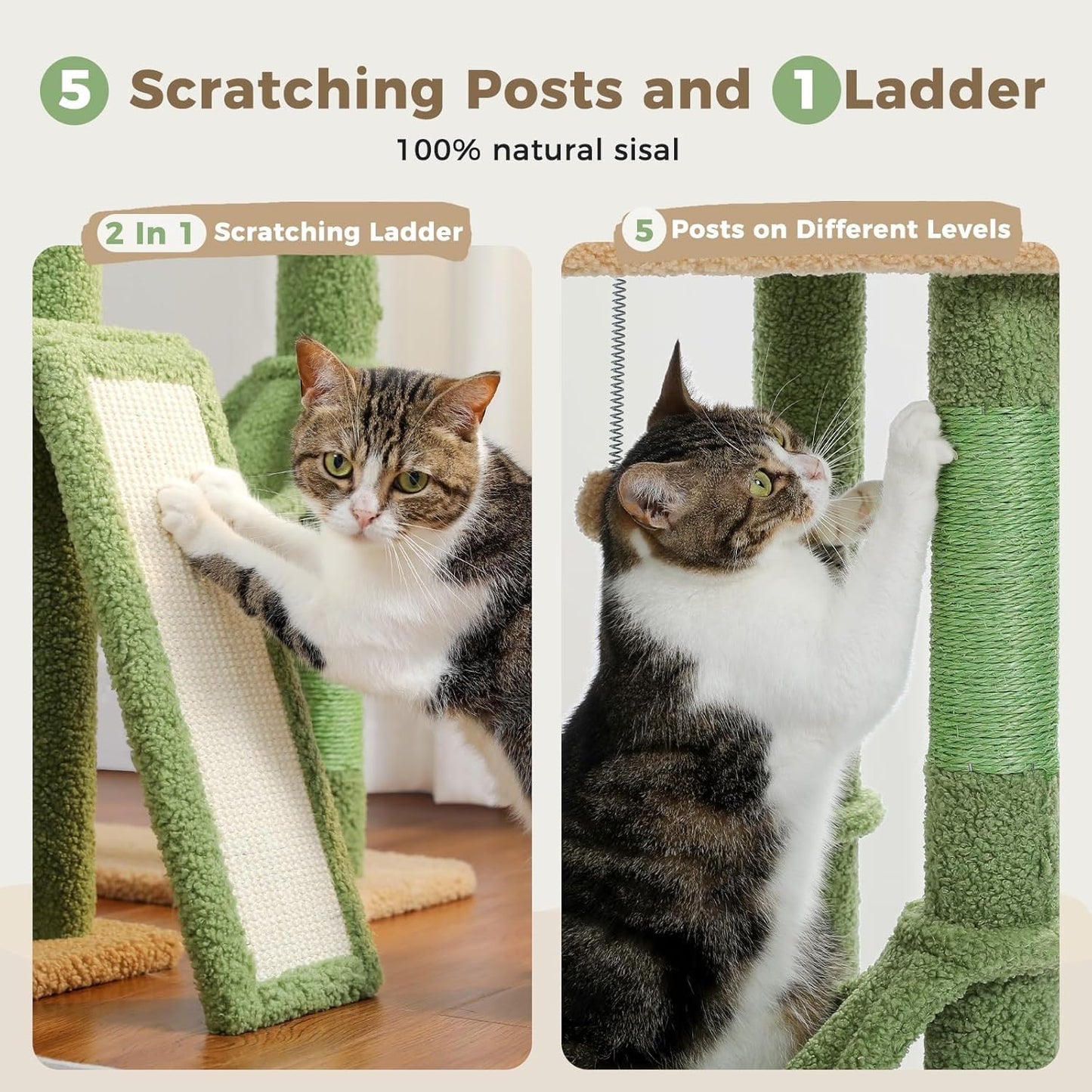 PAWZ Road Cactus Cat Tree Floor to Ceiling Cat Tower with Adjustable Height(85-112 Inches), 7 Tiers Climbing Activity Center with Cozy Hammocks, 5 Platforms and Scratching Posts for Indoor Cats