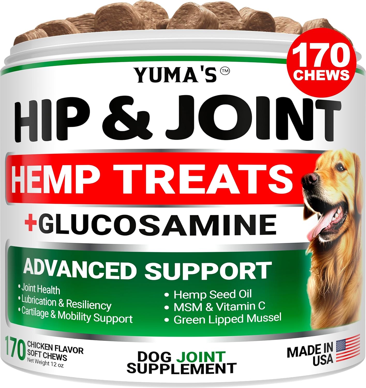 YUMA'S Hemp Hip and Joint Supplement for Dogs - Glucosamine for Dogs - 170 Joint Pain Relief Chews - Chondroitin, MSM - Hemp Oil - Advanced Canine Health Supplement - Mobility Support Treats