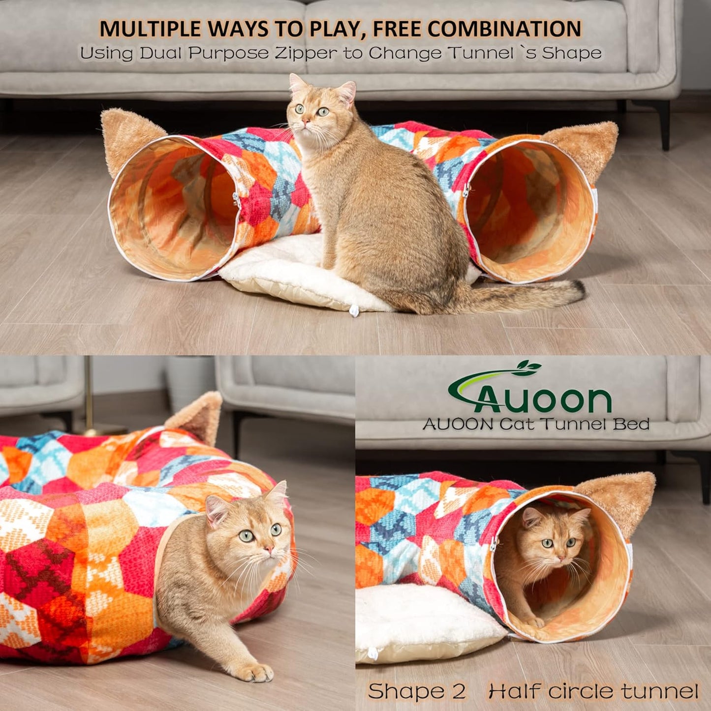 AUOON Cute Cat Donut Tunnel - Interactive Cat Tunnel Bed for Indoor Cats Kitten Kitty Puppy Rabbit Ferret (Orange)