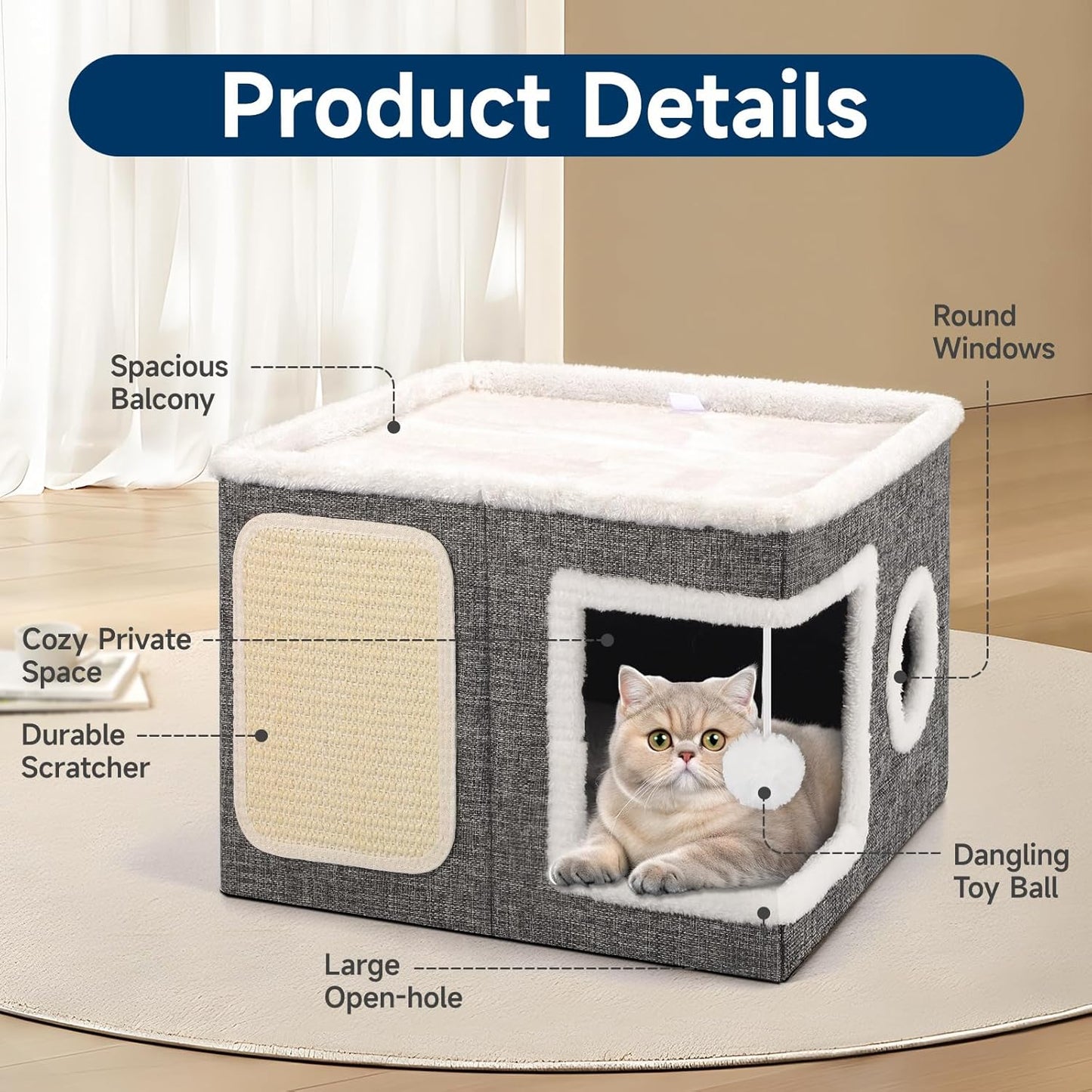Cat Beds for Indoor Cats, Large Cat Cave with Cozy Condo, Fluffy Hanging Ball, Round Window, Foldable Indoor Cat House Hold Up to 30LBS, Cat Hideaway with Double-Sided Soft Cushions for All Seasons