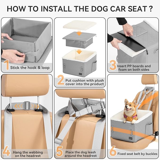 PETSFIT Small Dog Car Seat, Soft Foam Dog Booster Car Seat with Patented Safety Buckles, Storage Pockets and Detachable Clip-On Safety Leash, Dog Car Seat for Medium Dogs 30 LBS (Grey)