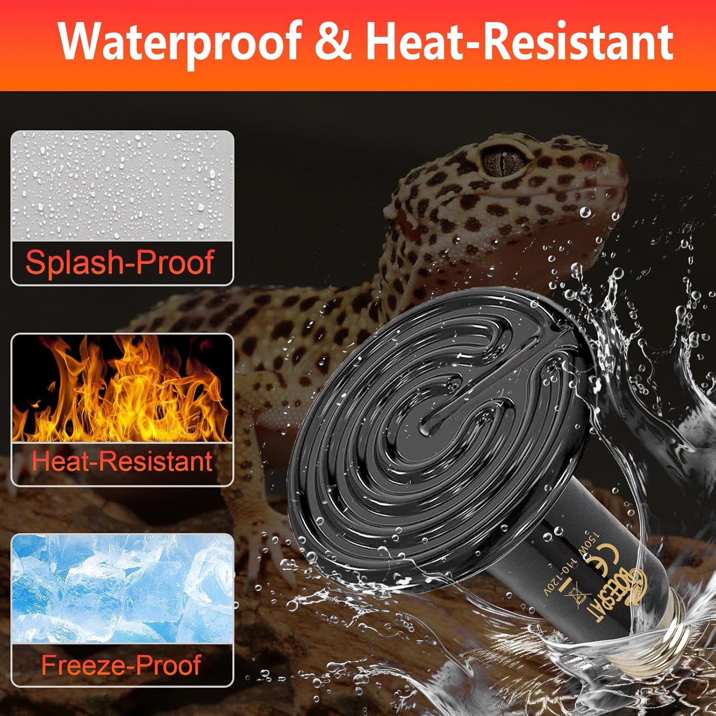 High Efficiency 75W Ceramic Heat Emitters, Pack of 2 Reptile Heat Lamp Bulbs for Bearded Dragon, Lizard, Iguana, Geckos & Small Pets Basking (Black, 75 Watts)