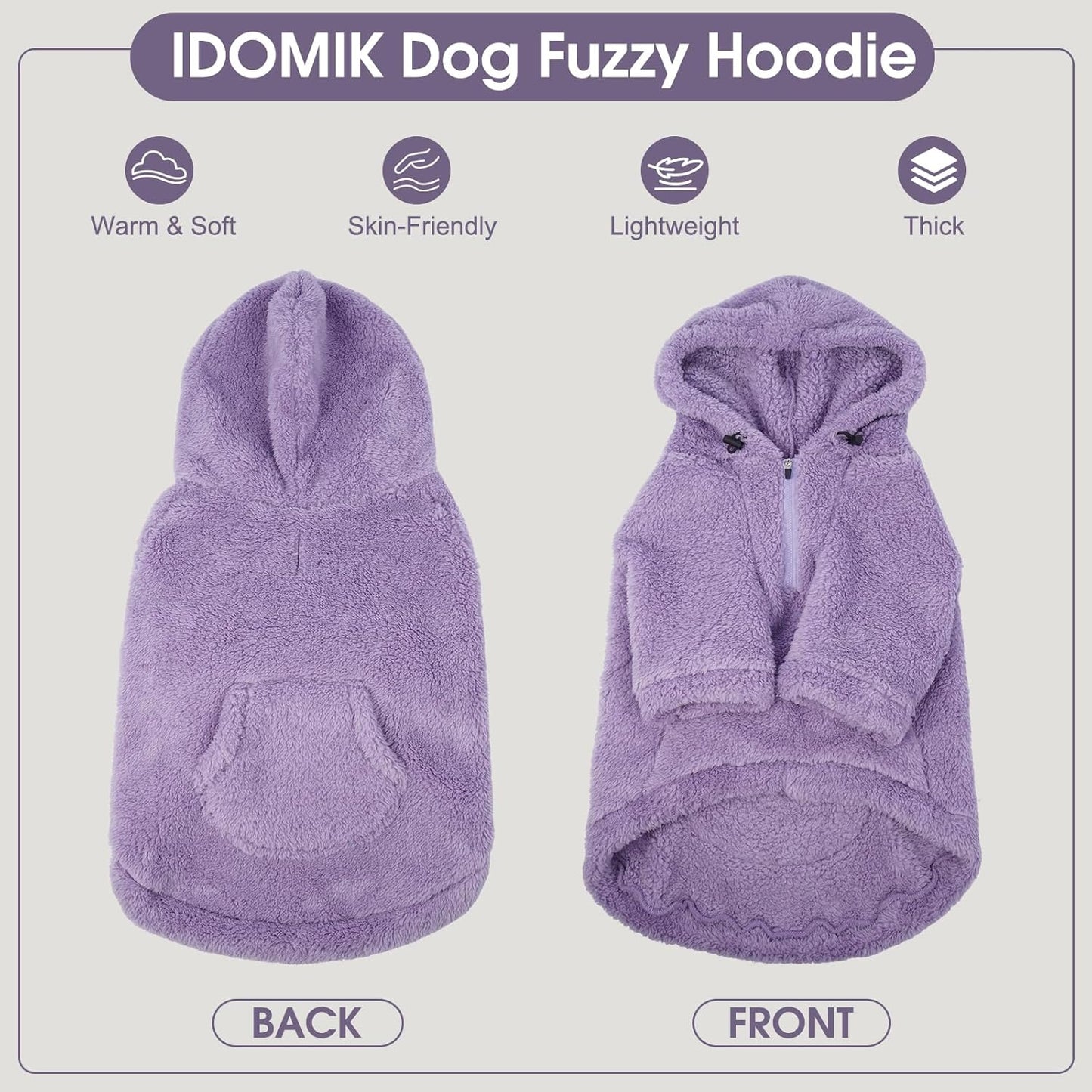 IDOMIK Fuzzy Dog Sweater with Adjustable Hood, Warm Fleece Dog Sweater Hoodie with Harness Hole & Pocket, Pullover Sweaters for Small Dogs, Fuzzy Hooded Sweatshirt for Fall Winter Christmas,Purple,XS