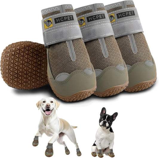 Hcpet Dog Shoes for Large Dogs, Breathable Dog Booties for Small Medium Dogs, Anti-Slip Dog Boots & Paw Protectors for Hot Pavement Winter Snow Hiking with Reflective Straps Army Green Size 4