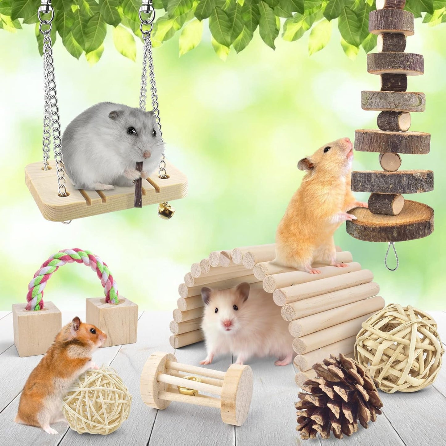 ERKOON New 12 Pack Hamster Chew Toys Gerbil Rat Guinea Pig Chinchilla Chew Toys Accessories, Natural Wooden Dumbbells Exercise Bell Roller Teeth Care Molar Toy for Rabbits Bird Rabbits Hamster Gerbil