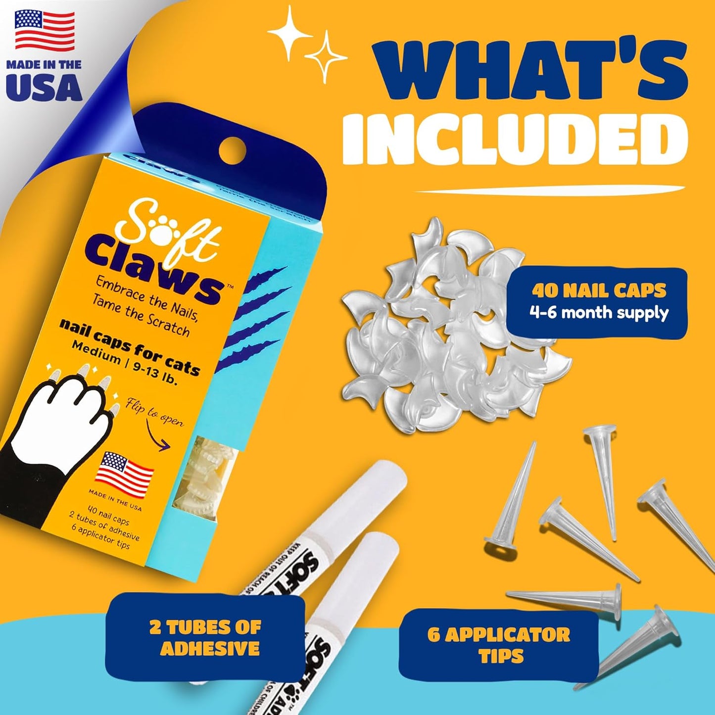 Soft Claws Cat Nail Caps for Medium Cats – (40 Caps, Blue & Silver) - Made in USA - Veterinarian-Developed | Protects Furniture & Skin - Easy to Apply, Long-Lasting Anti-Scratch Soft Cat Claw Covers