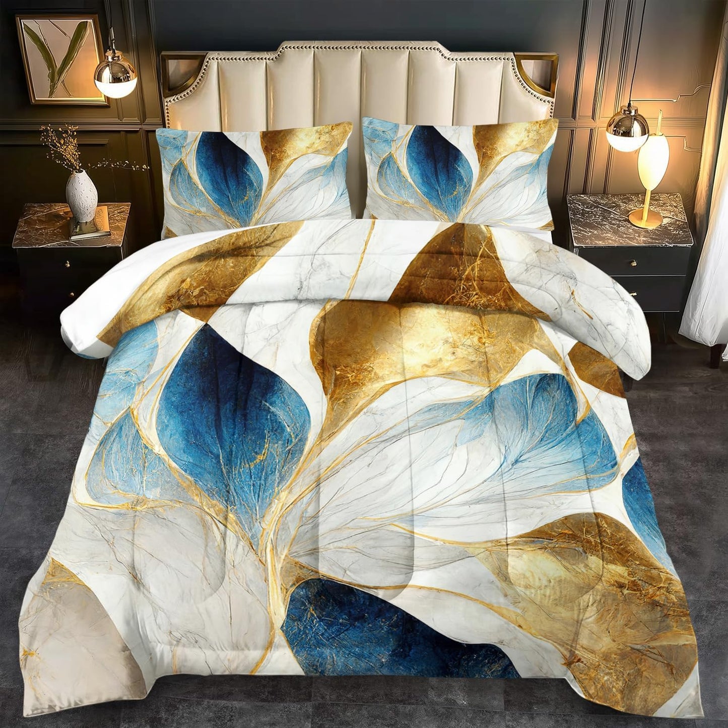 Vintage Floral Comforter Set Full Size Women,Marble Flower Bedding Set Full,Marble Blue Flower Bed Comforter,Blue and Gold Floral Quilt Bedroom Decor for Kids and Adults