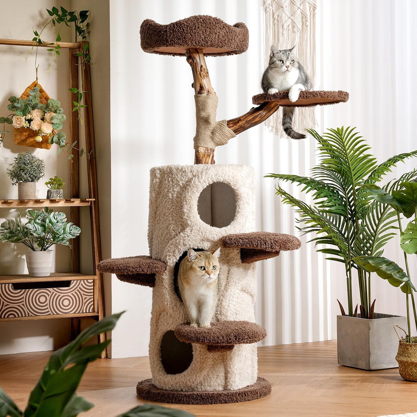 54.7'' Modern Cat Tree for Indoor Cats Large Adult, Wood Cat Tree with 3 Spacious Condos, Luxury Cat Tower with Cozy Perch, Scratching Post, Sturdy Kitty House Furniture for Small Medium Large Cats