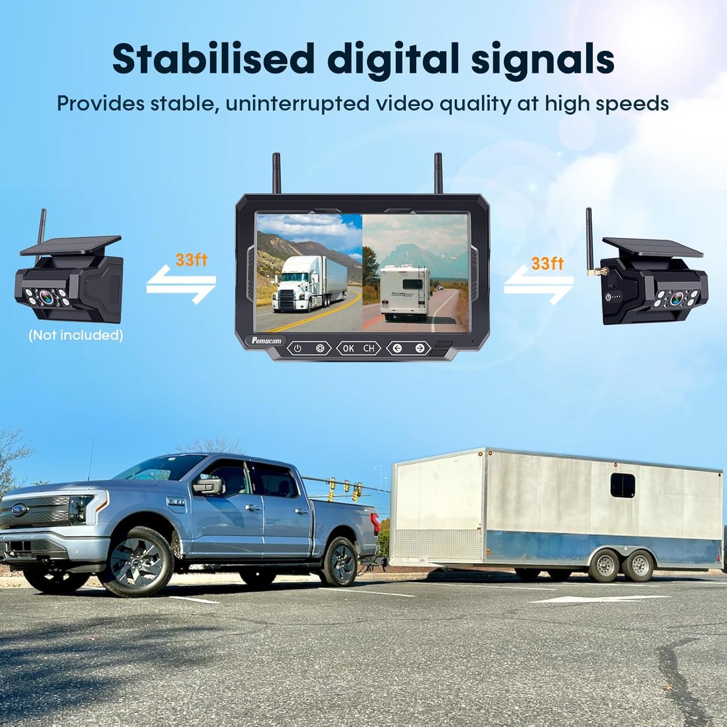 Magnetic Solar Wireless Backup Camera: 7" Portable 1 Min Easy Install Scratch-Proof No Delay Backup Camera for Truck Rechargeable HD 1080P for Trailer Small RV Camper Pemacom P15