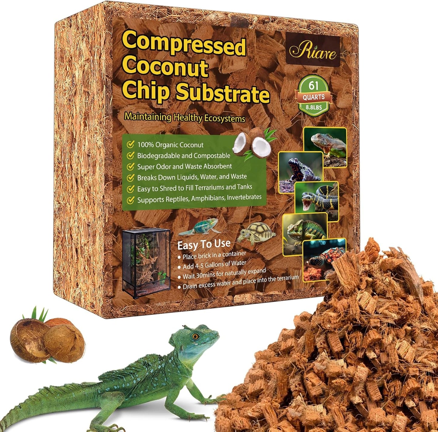 Riare 8.8LB Coconut Chip Substrate for Reptiles, 60 Quart Coconut Fiber Substrate Coco Chips Substrate Coconut Husk Bedding for Snakes, Tortoises, Ball Python, Bearded Dragon, Geckos, Lizards, Frogs
